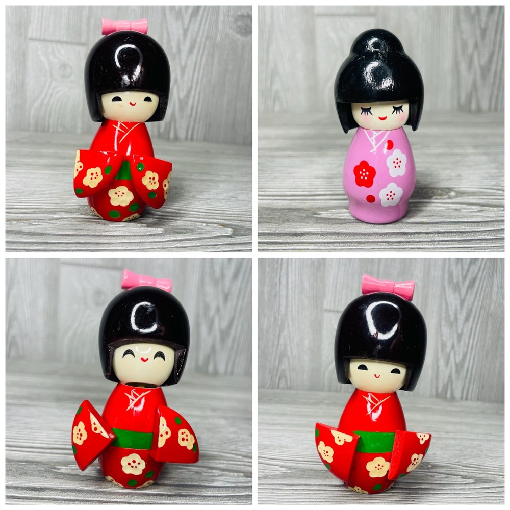 Bundle of 4 Carved wooden Floral Red Japanese Kimono Kokeshi Doll Toy decoration